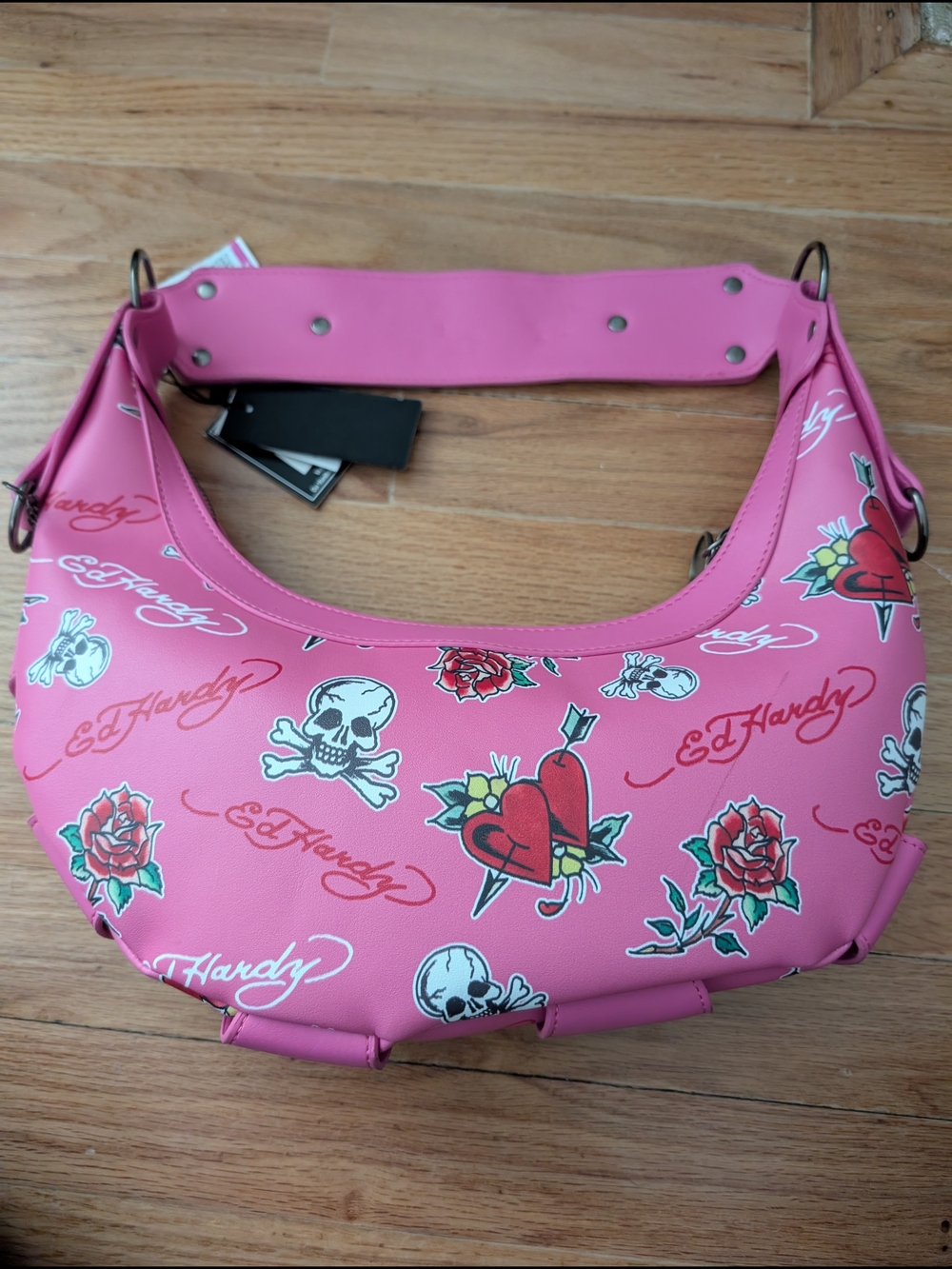 Ed Hardy Pink Vegan Tattoo-Print Shoulder Bag New